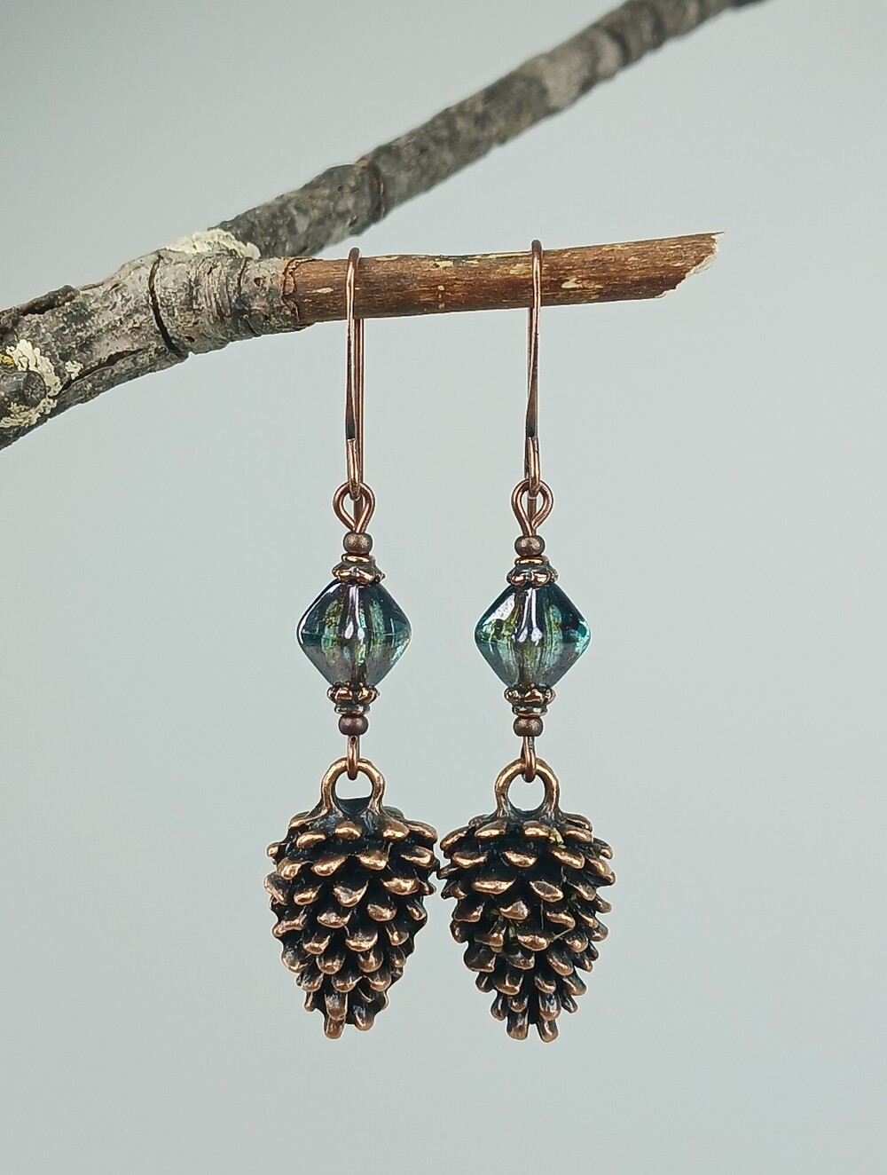 Copper Pinecone Earrings Teal Czech Glass Woodland Nature Jewelry Hand Crafted - Picture 4 of 6